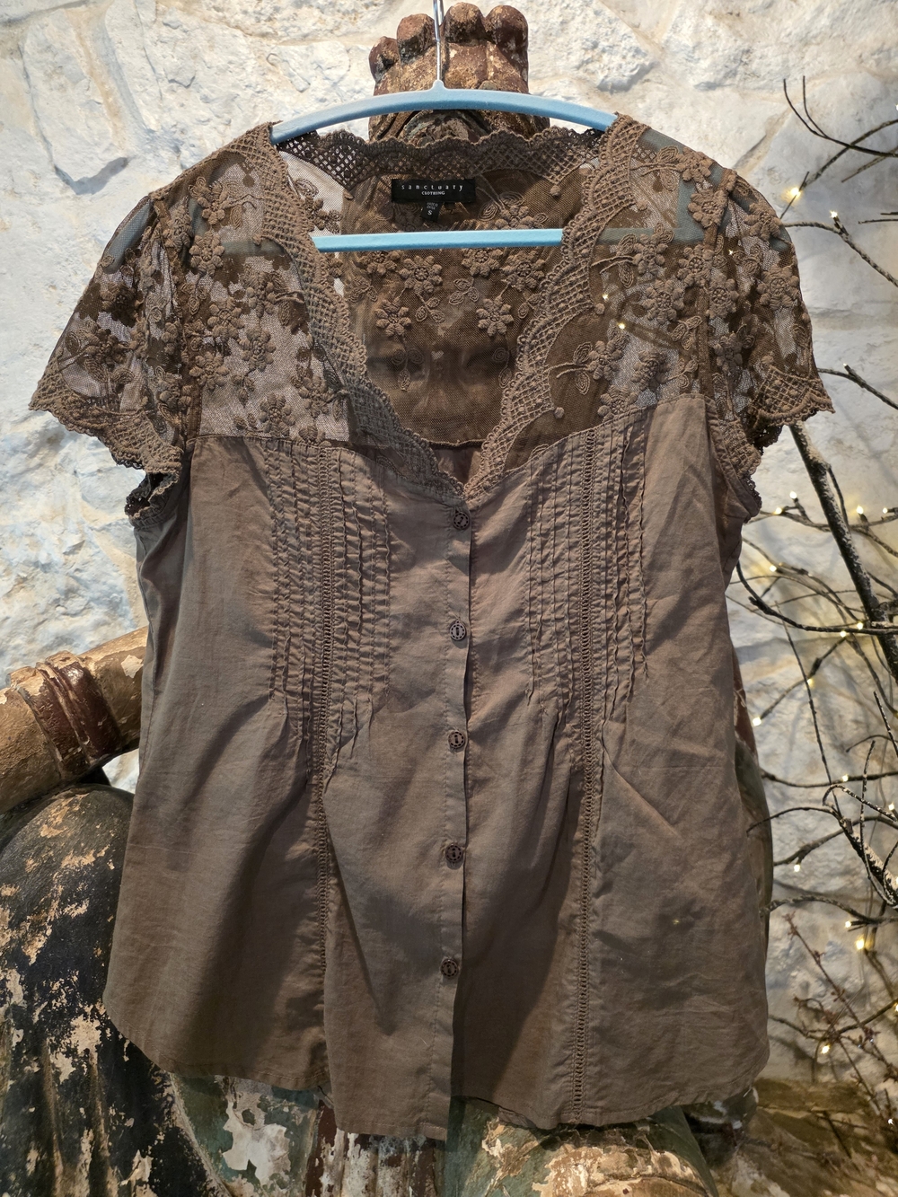 Sanctuary Brown Lace Yoke Button-Front Top
